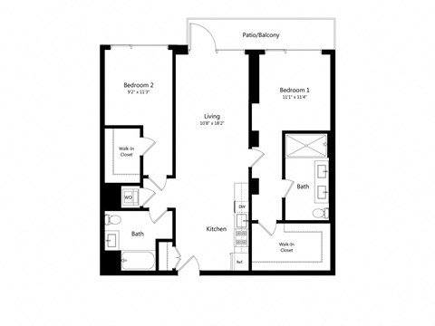 Floor plan for 2 beds, 2 baths, 1076 sqft